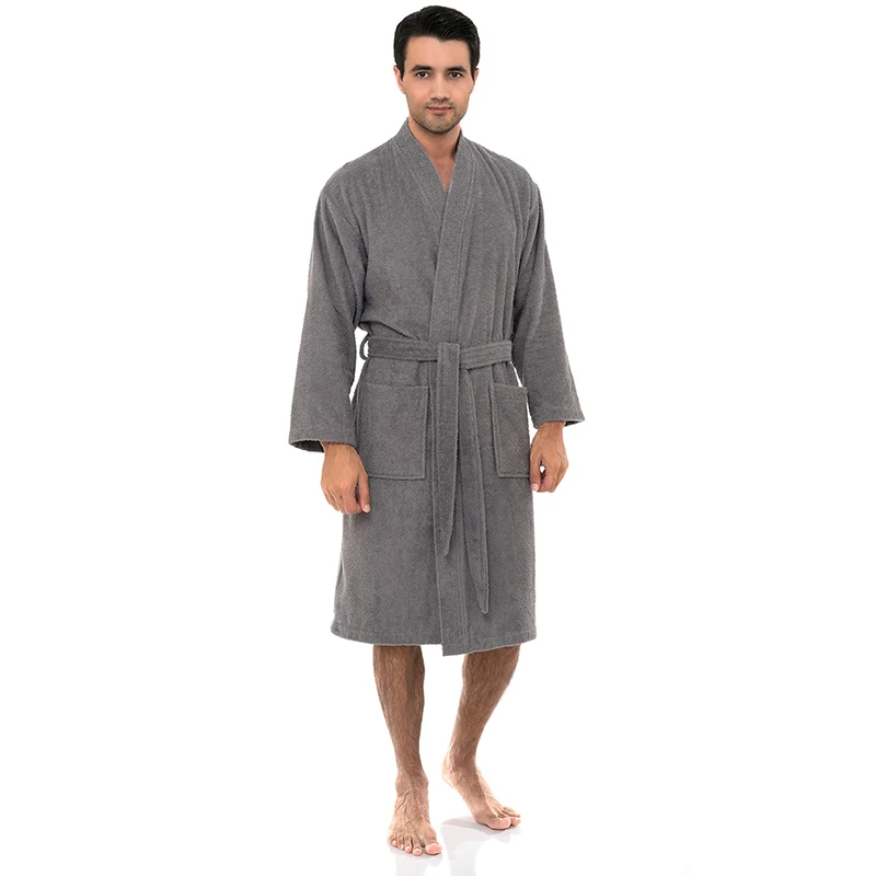 

100% Cotton Men's Winter Bathrobe Solid Terry Homewear Pockets V Neck Neck Length Robe Kimono With Sashes For Male 2024