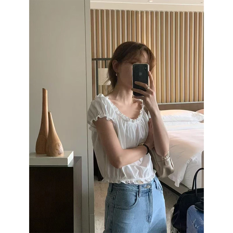 

Sweet Dongdaemun 26 Spring Anti-Aging Wooden Ear round Ne Bubble Sve ort irt Women French Sle Loose Fit Pure Color