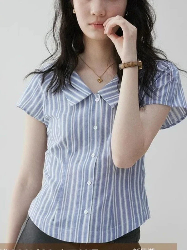 

Vintage Preppy Style Women Striped Shirt Casual Short Sleeve Slim Blouse Summer Retro Korean Sweet Simple Tops New Chemise Femme