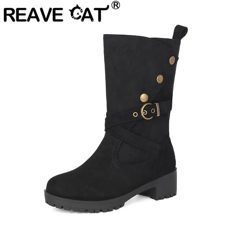 REAVE CAT Women Mid Calf Boots Round Toe 9.5cm Chunky Heel Flock Suede Slip On Belt Buckle Plus Size 43 44 45 Yellow Black Brown