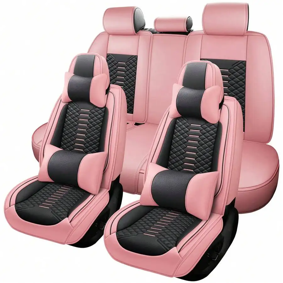 5 Seat Universal Car Seat Covers Full Set Pink Black Nappa Leather Breathable Perforated Air Hole