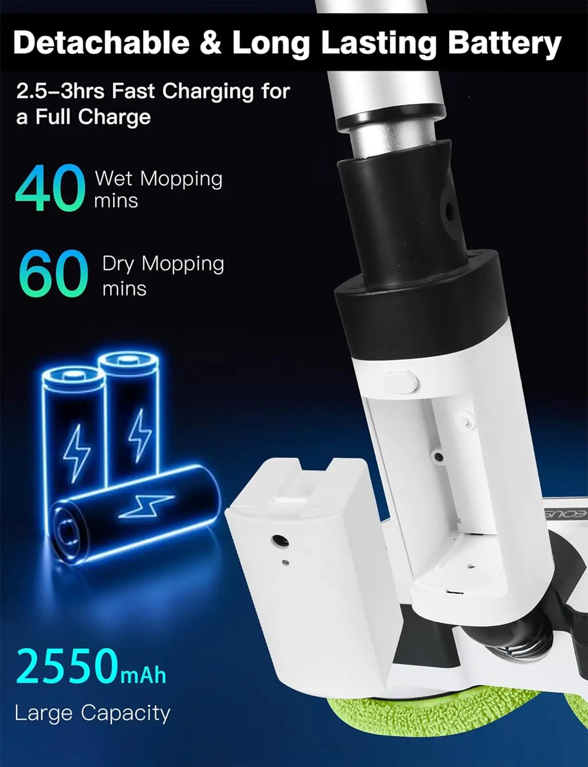 Cordls Elecric op، مصباح أمامي LED ومنظف للأرضيات وبخاخ هوائي، o 60 بوصة، بيري قابل للفصل، ثنائي الباب