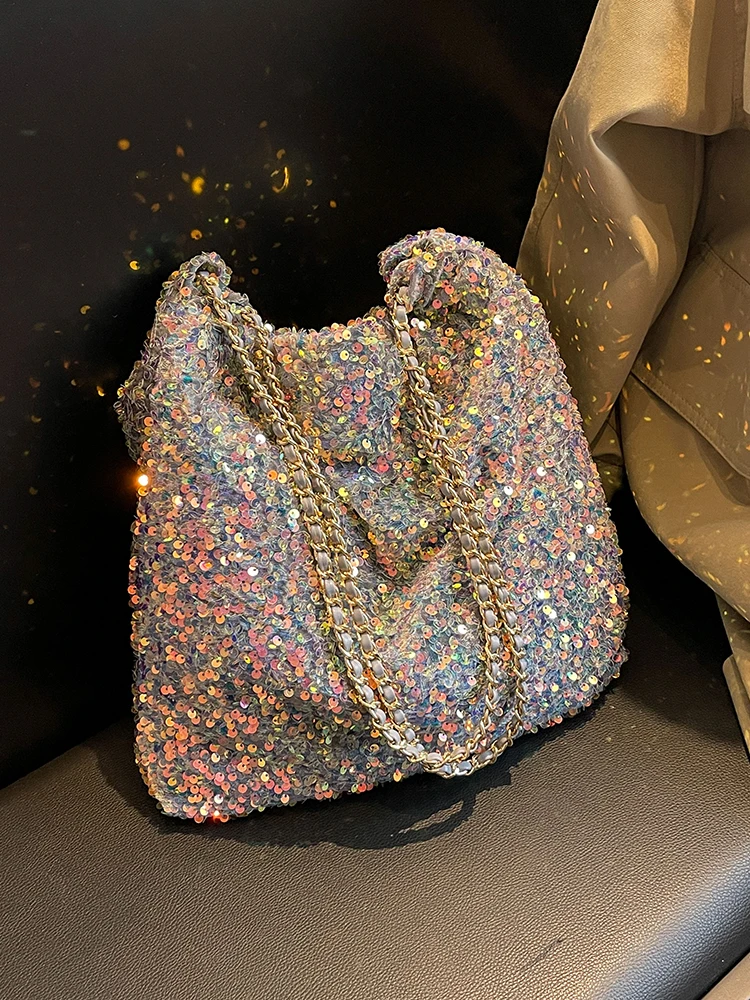 Sequin Bucket Handbags and Purse Underarm Tote Bag for Women 2024 New Fashion Shiny Chain Shoulder Bag Female Prom Party