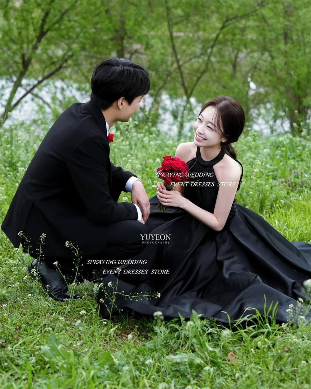 SPRYSKOWANIE Halter bez rękawów gorset suknia wieczorowa Korea ślubna sukienka do sesji zdjęciowej eleganckie plecy satynowa długość do podłogi impreza dostosowana