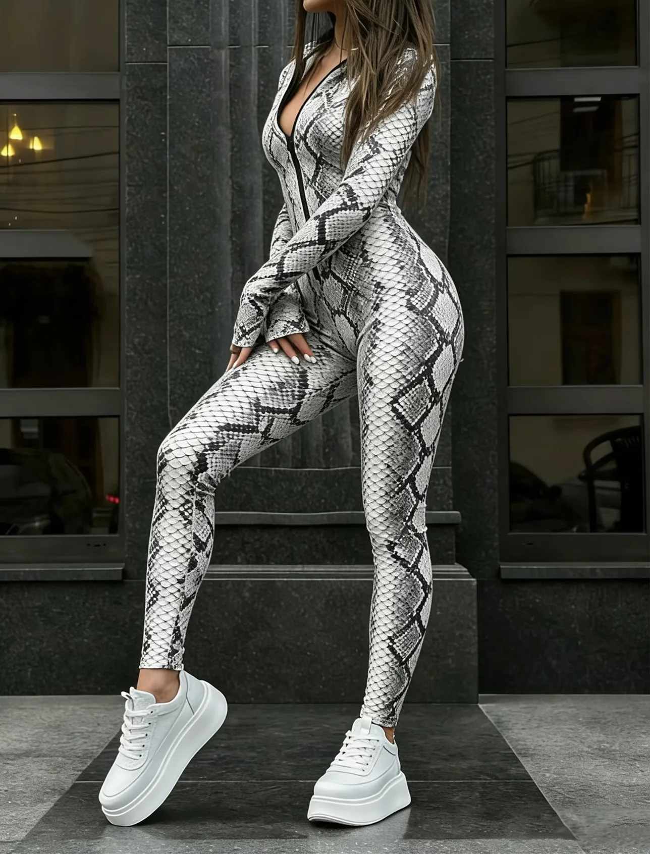 Retro Schlangenleder-Jumpsuit für Damen, Sexy Slim Fit Schlangenmuster Langarm Enger Bodysuit, Halloween Party Bühnen-Catsuit, Rave-Kostüm – Detail 5