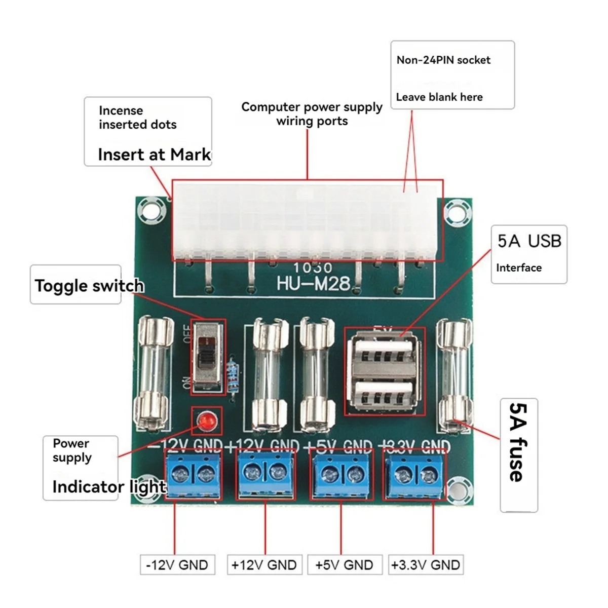 HU-M28W ATX плата питания модуль адаптера питания компьютера 24Pin 5A USB интерфейс для настольного компьютера ПК с чехлом