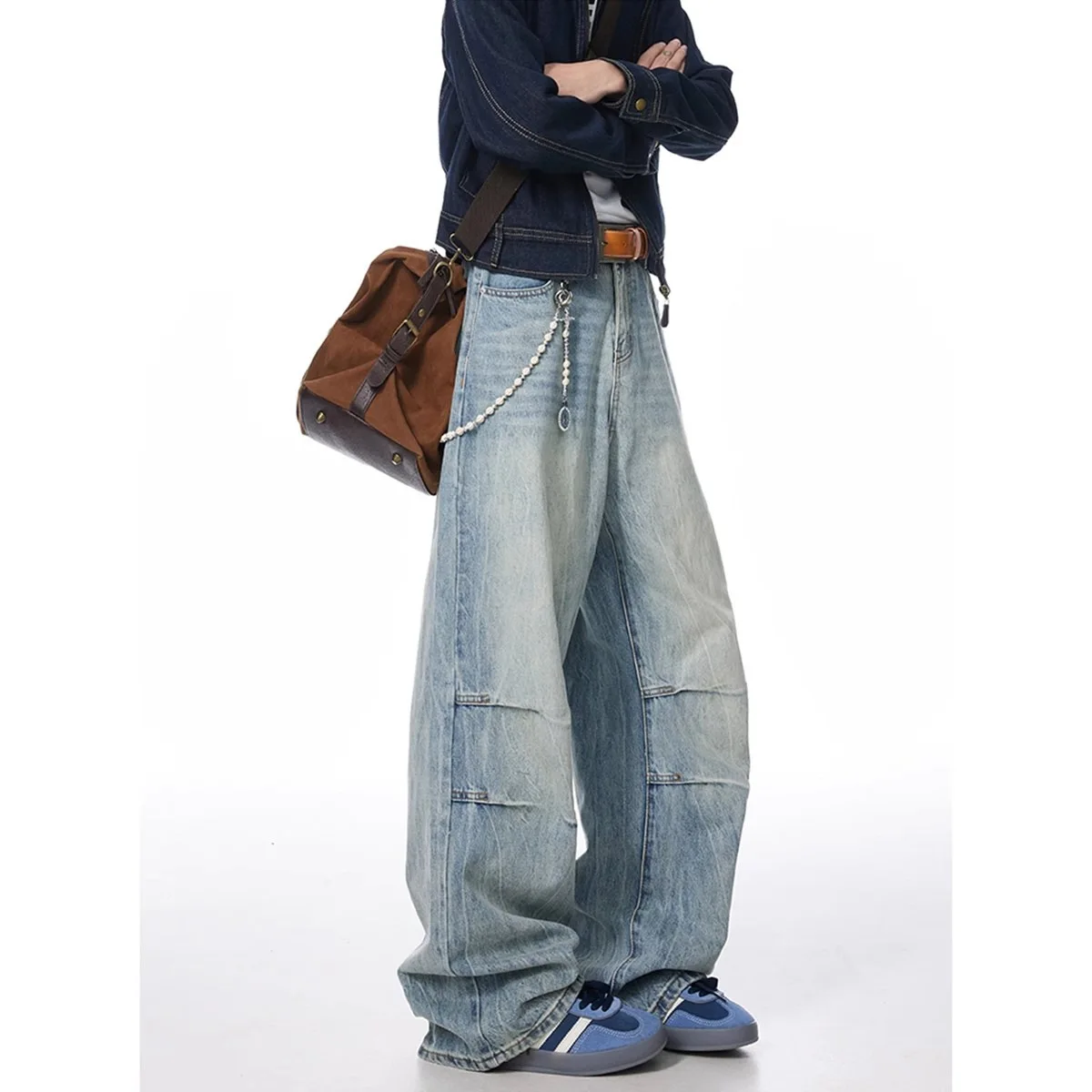 

American Style New Fashion Men's Washed Casual Trendy Straight Wide Leg Loose Pleated Denim Trousers Male Clothes Jeans Pants
