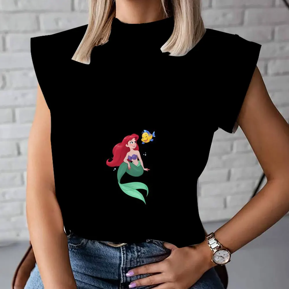 Summer trend all-match new cute Ariel mermaid anime Harajuku street 3D printing female high collar T-shirt fashion vest y2k