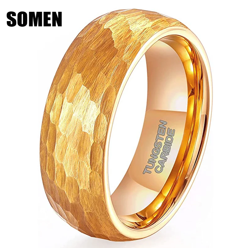 Somen 8mm Gold Color Hammer pattern Tungsten Carbide Ring Man Woman Classic Wedding