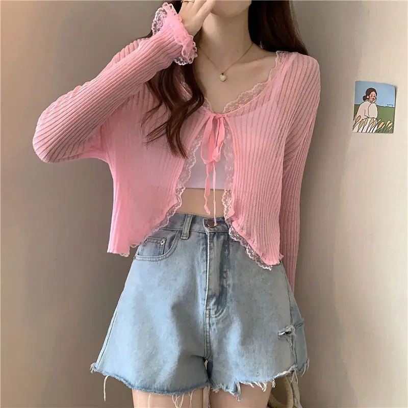 Tie Thin Short Knitted Cardigan Women Summer Korean Lace Edge Casual Long Sleeve Solid Color Sun Shirt Tops 4 Colors