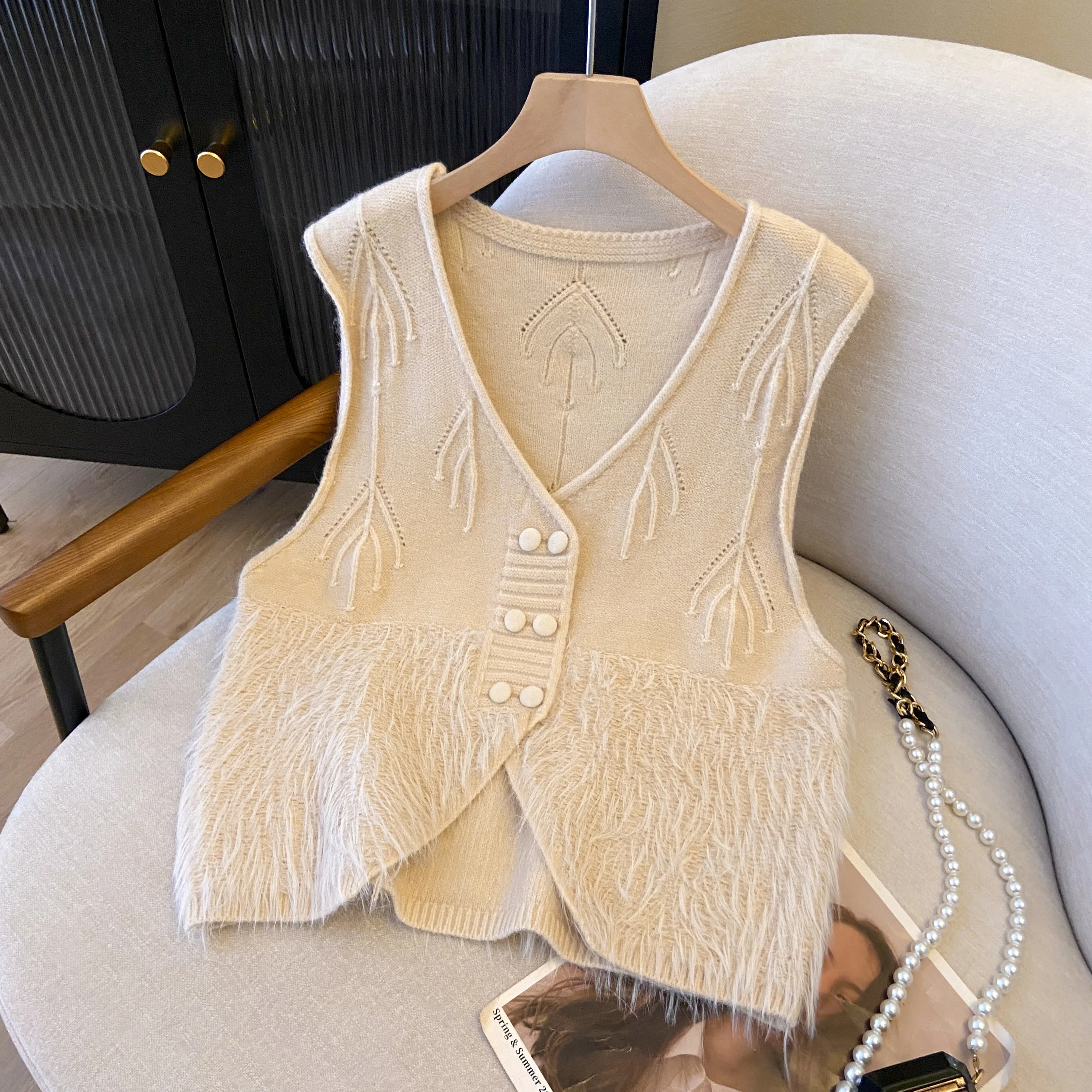 

Retro Tassel Trim Furry ort Svel Knitted Vest Women's Autumn Winter Outerwear Layering Jaet Open Cardigan