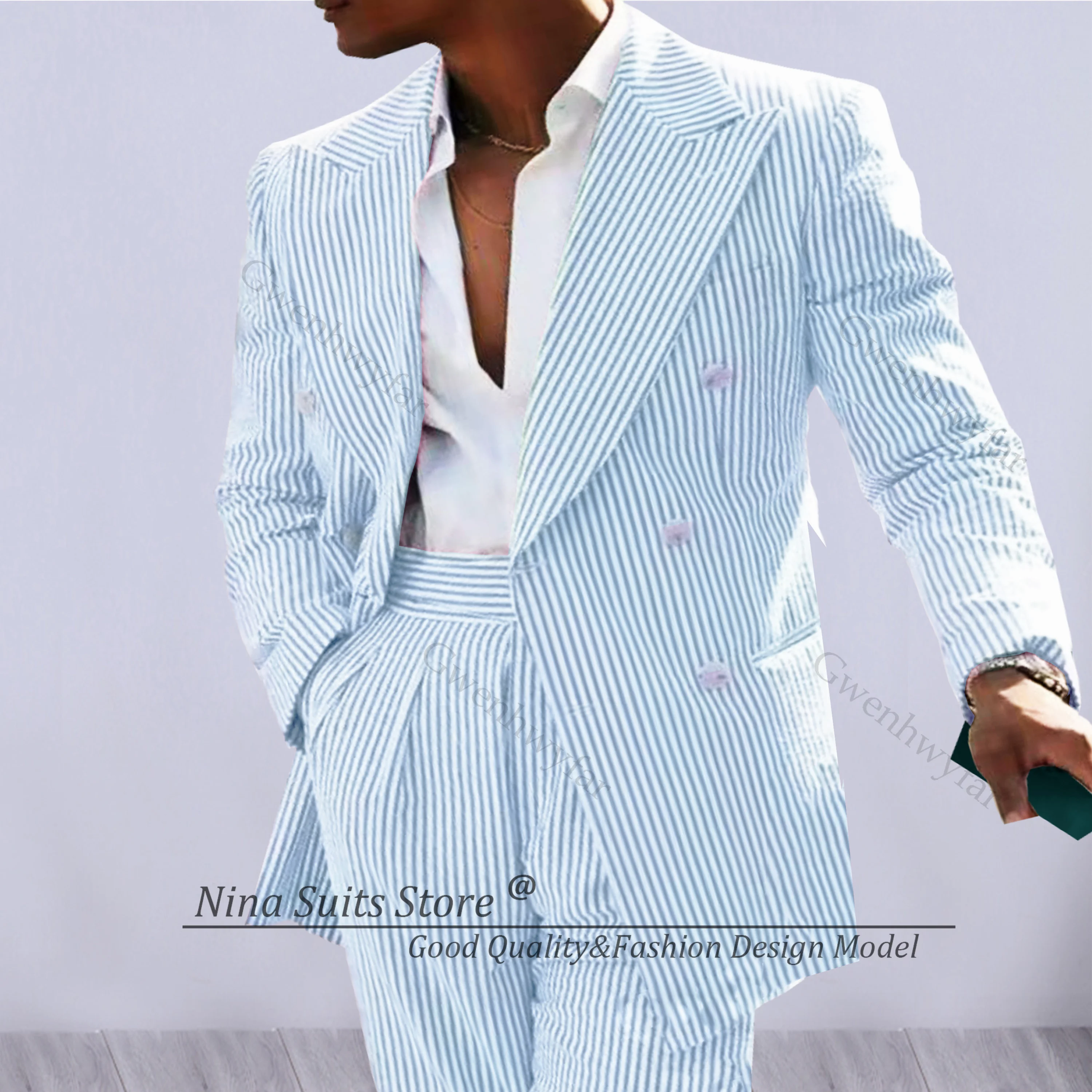 Nina Store Custom Made Men Suits Sky Blue Seersucker Jacket and Pants Set 2025 Summer Daily Wear Office Men Double Breasted Sets