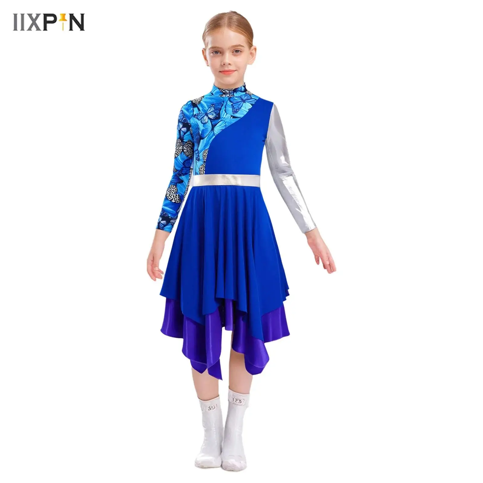 

Kids Girls Liturgical Praise Dance Dresses Mock Neck Long Sleeve Print Metallic Color Block Splice Irregular Dress Modern Dress