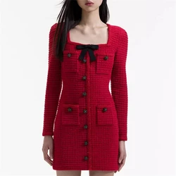 Autumn and winter new women's Christmas and New Year bow squareCollar diamond buckle slim knit dress y2k red commuter mini skirt
