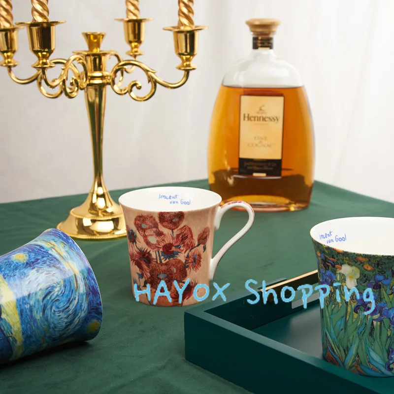 Creative Oil Painting Mug Coffee Cup，Bone China Mug with Retro Gold Edge Printing Water Cup， Large Capacity Cup Can Microwave