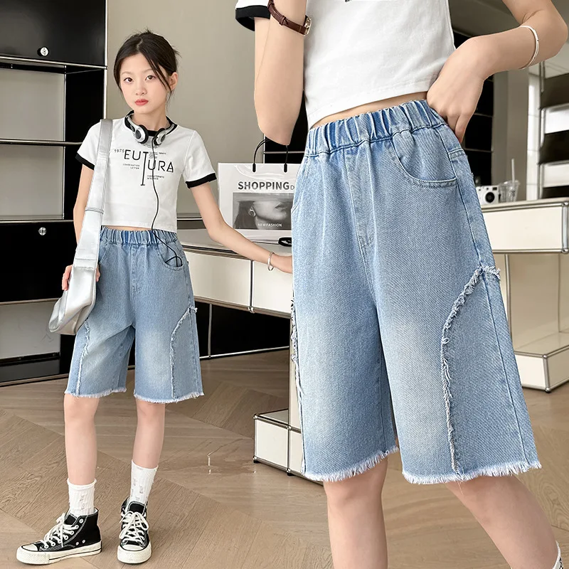 Summer Teenagers Girls Blue Shorts Kids Thin Clothes Loose Denim Quarter Pants Korean Children Casual Short Jeans 4 6 8 10 12 14