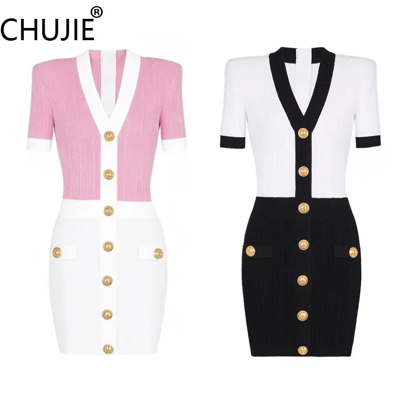 فستان CHUJIE Summer 2025 منسوج بأكمام قصيرة ورقبة على شكل حرف V، فستان ضيق ضيق، ملابس غير رسمية عالية الجودة