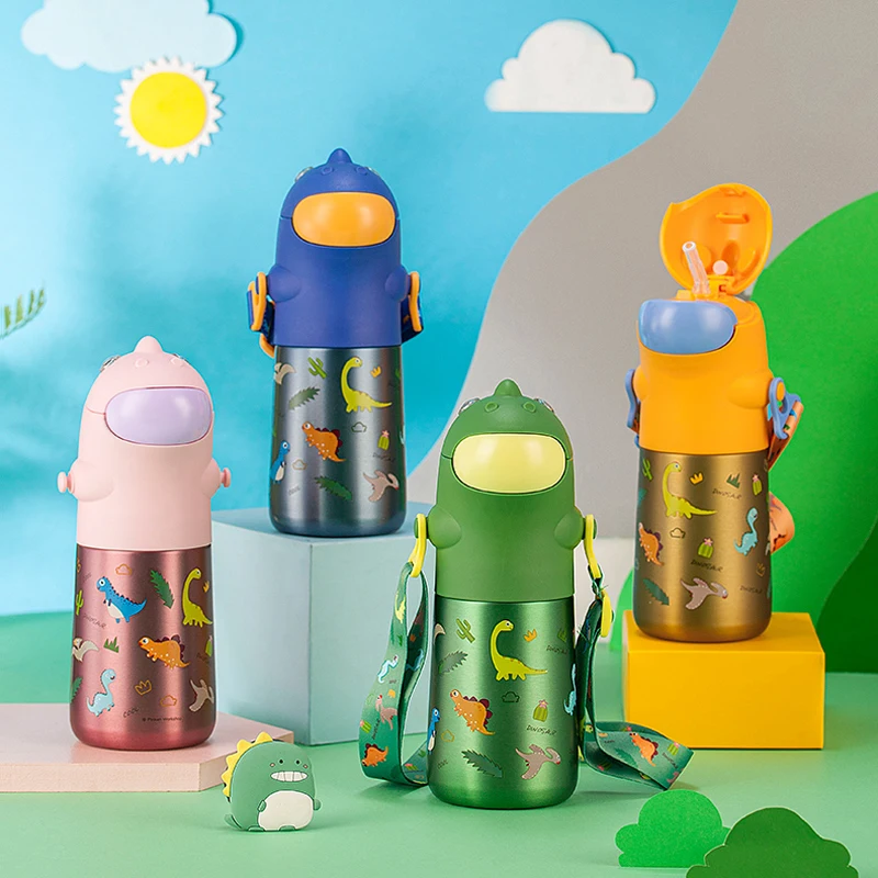 Cute Dinosaur Children's Thermos Cup With Straw Creative Cartoon 316 Stainless Steel Large Capacity 470ml Sports Bottle