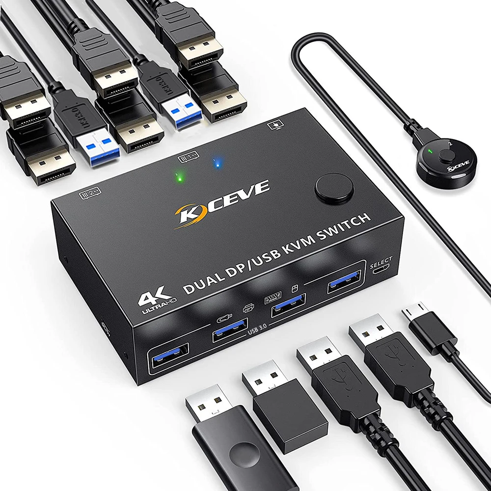 

DP Dual Monitor KVM Switch DisplayPort 1.4 USB 3.0 Switcher Controls Splitter For Computer Laptop Sharing Keyboard Mouse Printer