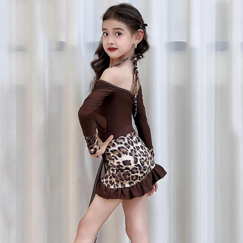 Costume de danse latine pour enfants filles, body et jupes à manches longues en maille imprimé léopard, ensemble de pratique de Performance Rumba Chacha