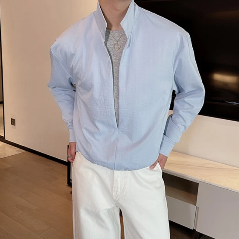 

Осенняя мужская рубашка из двух предметов с длинными рукавами и воротником-стойкой, свободные повседневные рубашки, винтажные пуловеры для уличной одежды