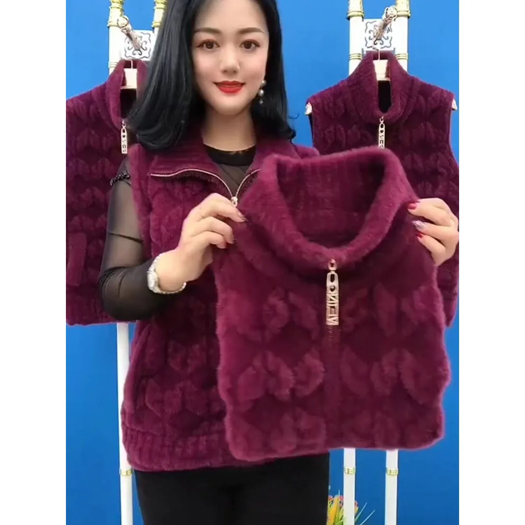 Chaleco sin mangas de terciopelo de imitación de visón para madre de mediana edad, chaqueta, cárdigan de punto grueso para otoño e invierno, suéter con cremallera, abrigo