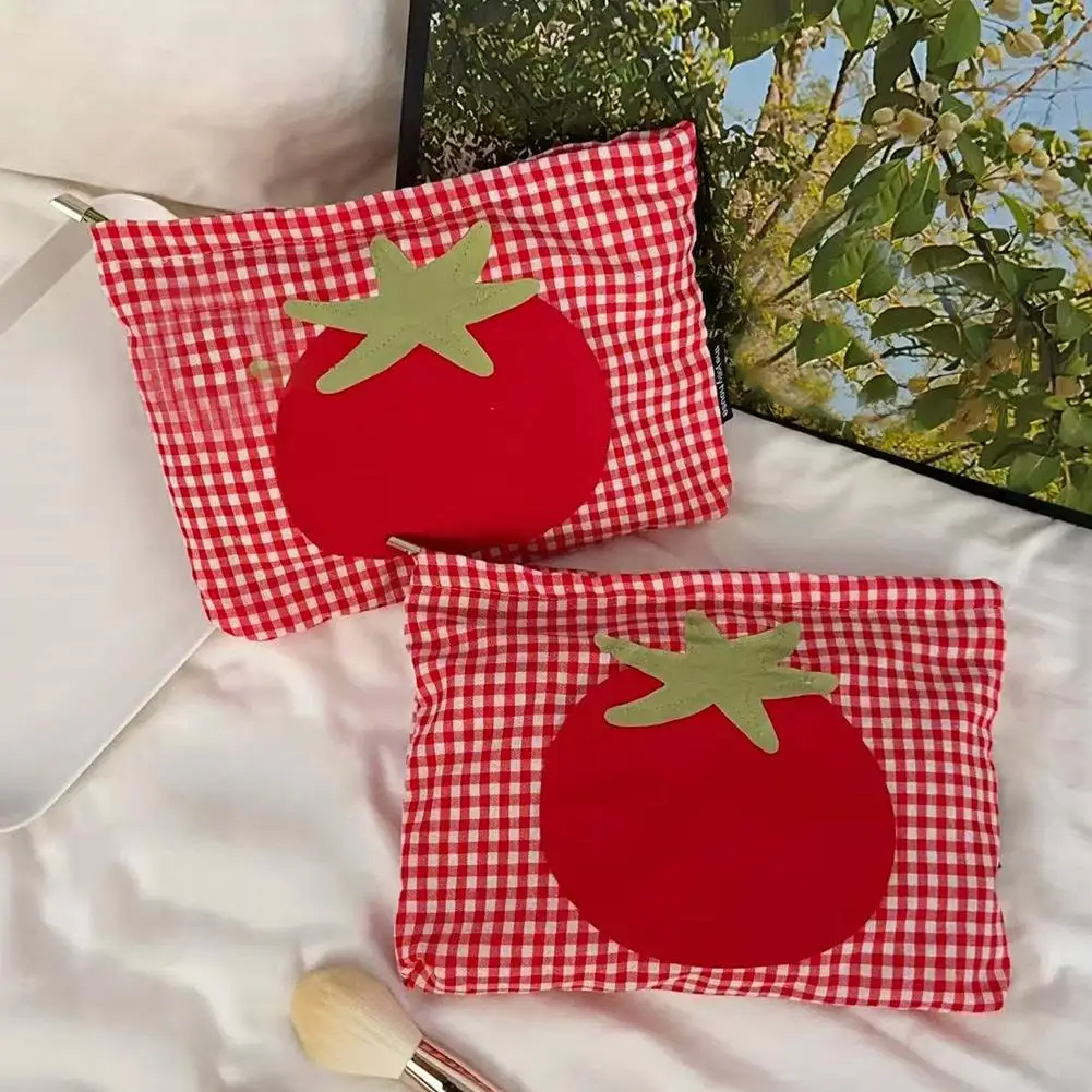 Cute Tomato Plaid Makeup Bag Large Capacity Travel Toiletry Pouch Portable Cosmetic Organizer Bag For Women