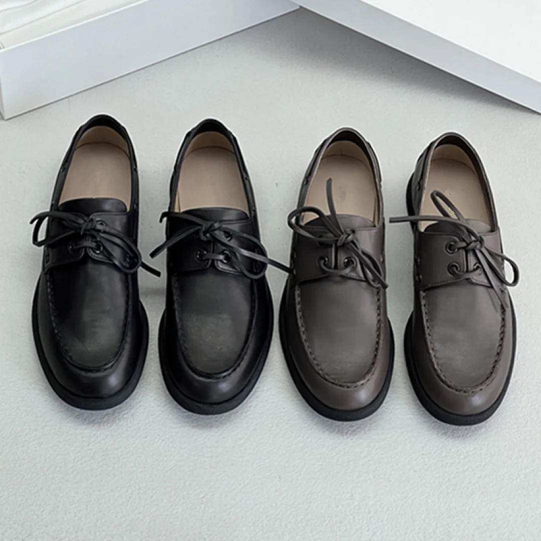 Maxdutti Summer Italian Cowhide Soft And Comfortable Minimalist Lace Up Loafers Vintage Elegant Flat Shoes For Woman