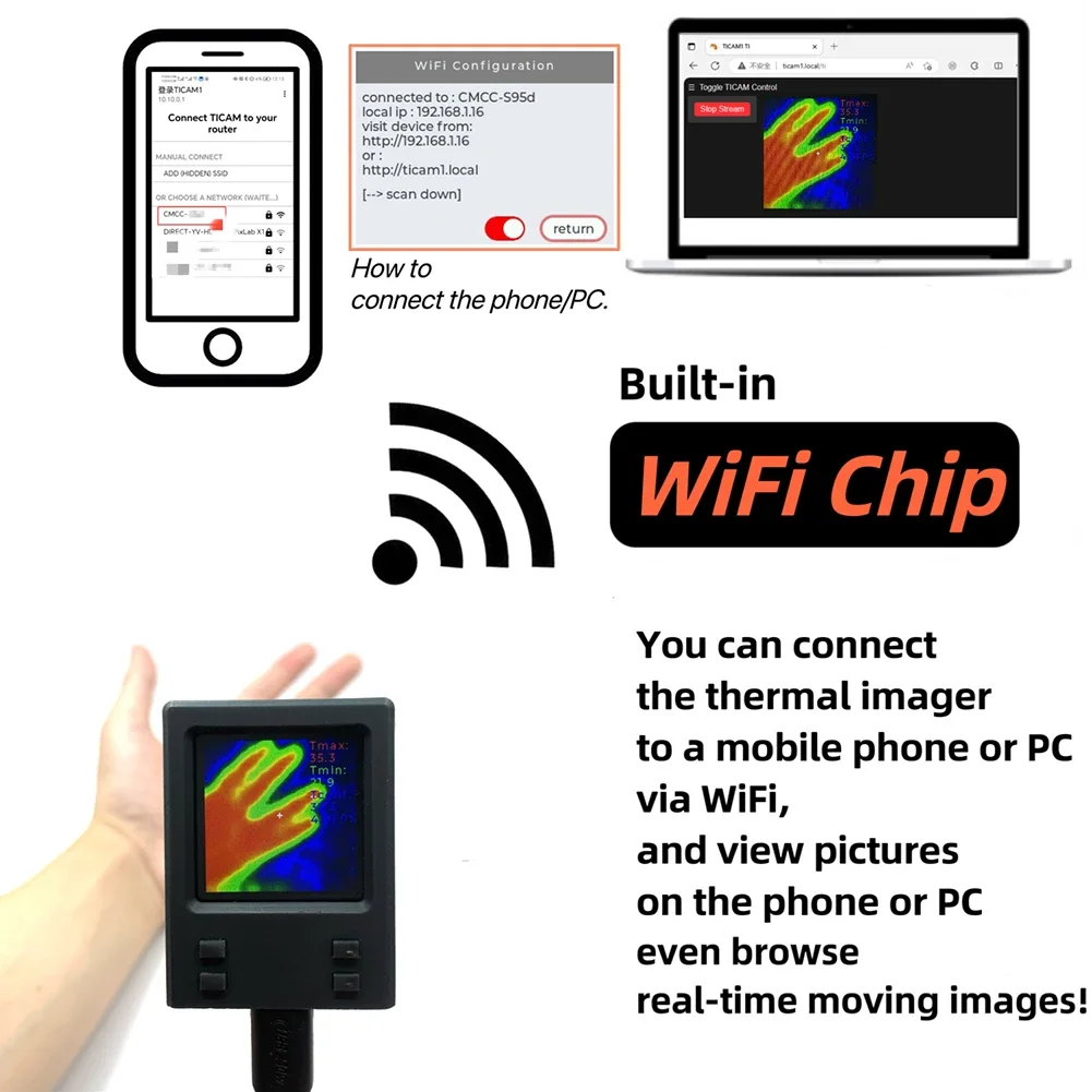 Handheld Infrared Sensor Thermal Imager WiFi Portable IR Thermal Imager 32x32 IR Resolution Thermal Imaging Camera -20℃-1000℃