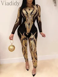 Women Sexy Sheer Mesh Patchwork Sequin Decor Bodycon Jumpsuit