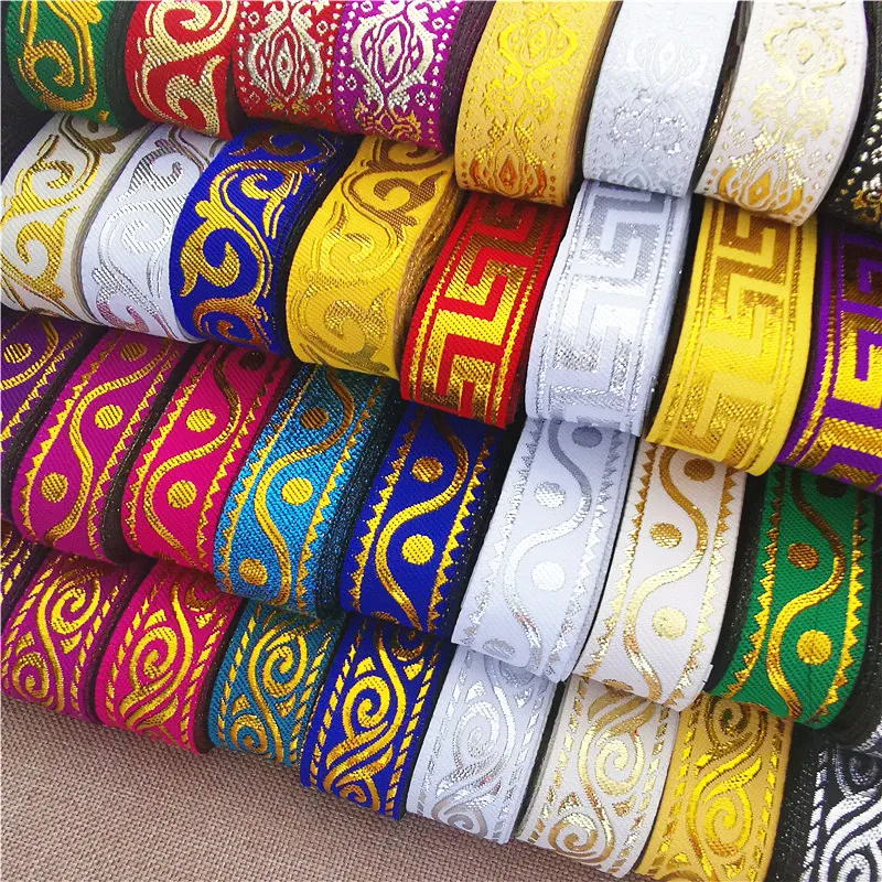 2CM 7Yards Gold Silver Colorful Glitter Black White Shiny Vintage Ethnic Embroidery Ribbon Boho Lace Trim