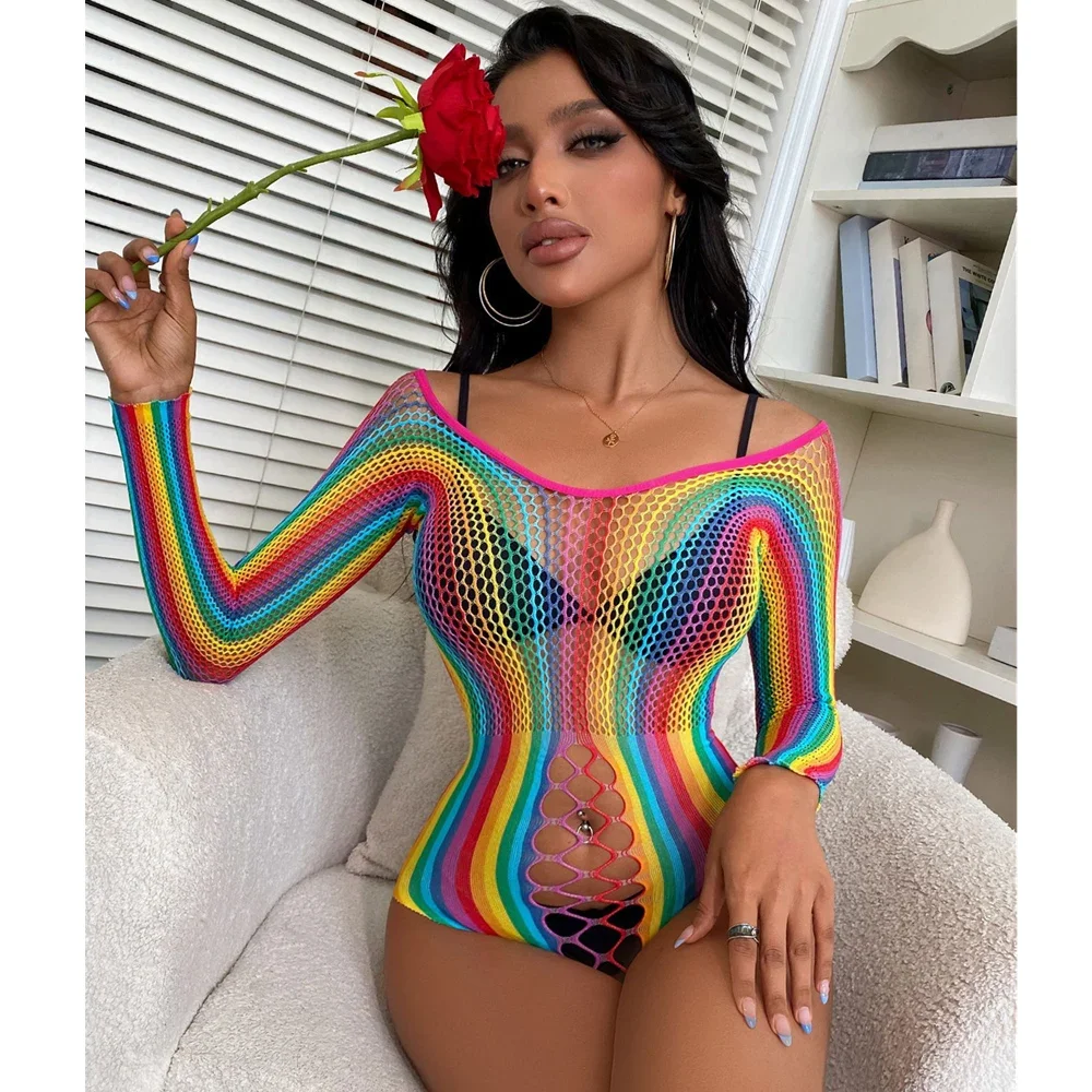 Women's Sexy Rainbow Color Fishnet Bodysuit Costume Ladies Erotic Mesh Transparent Tight Lingerie Hollow See Through Sleepwear