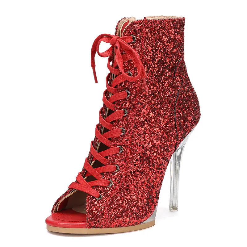 Silver Red Dance Heels 11cm Women Lace-up Boot Stilettos Jazz Dance Shoes For Latin Dancing Outdoor Sexy Stilettos Plus Size
