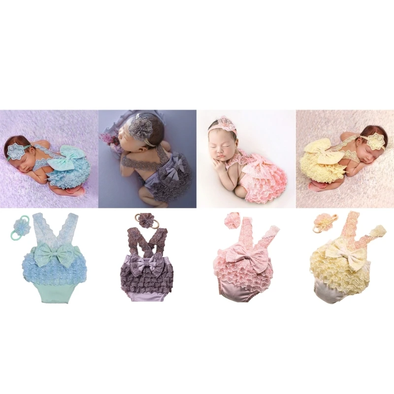 

F62D 2pieces Baby Photography Props Lace Dress Flower Headband Photoshooting Outfit