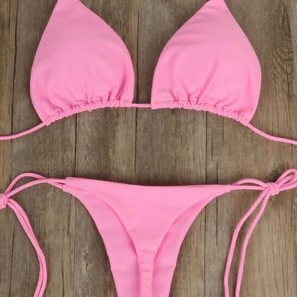 Conjunto de Bikini clásico para mujer, traje de baño de tres puntos, Color sólido, cuello Halter, correa, Tanga, playa, 2022