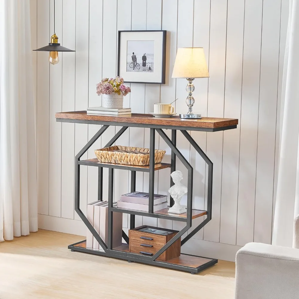 Industrial Console Table with Storage, Rustic Brown Entryway Sofa Table for Living Room Hallway