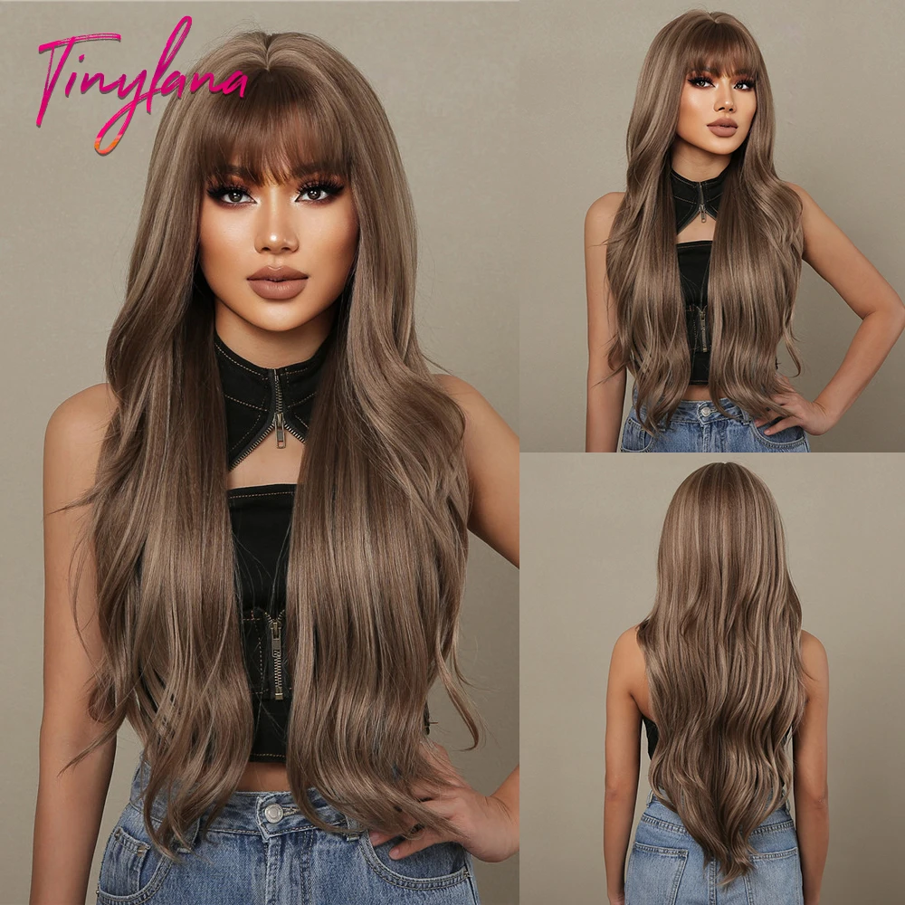 Long Wavy Orange Brown Synthetic Wig with Bangs, Cosplay