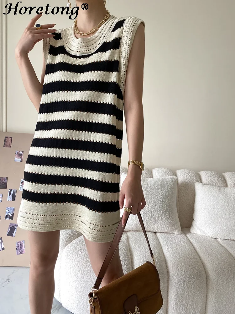 Horetong Summer Sleevless Knit Dress Striped Contrast Color O-neck Hollow Out Korean Loose Mini Dresses For Women Vest Knitwear