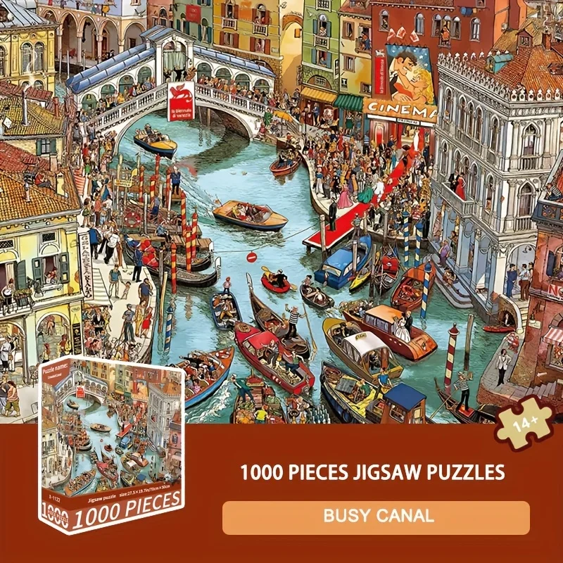 Puzzle de dessin animé du Canal occupé, 1000 pièces, scène de venise vibrante avec Gondoles, bateaux, foules, 27,56x19,69 pouces, décoration d'intérieur