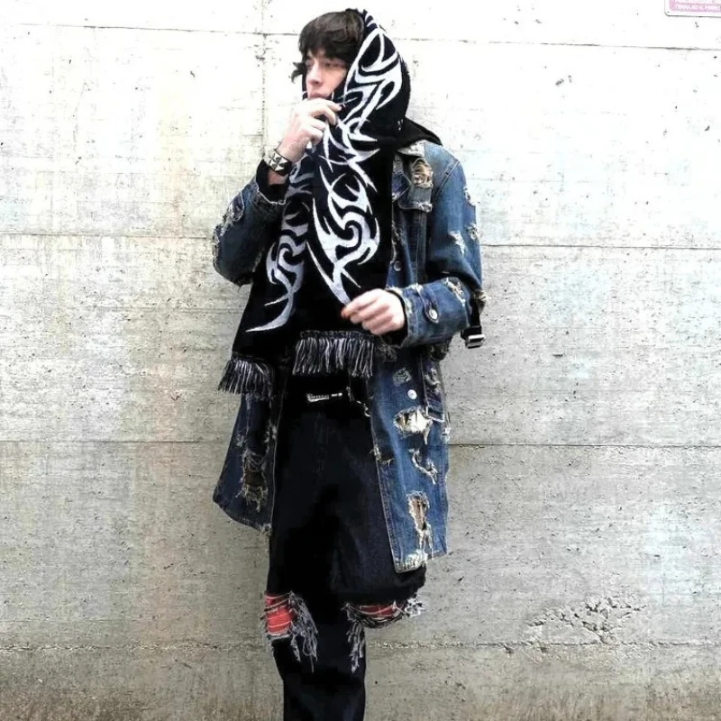 European and American autumn and winter gothic style warm fashion trend Y2K eye print black tassel knitted scarf for men and wom