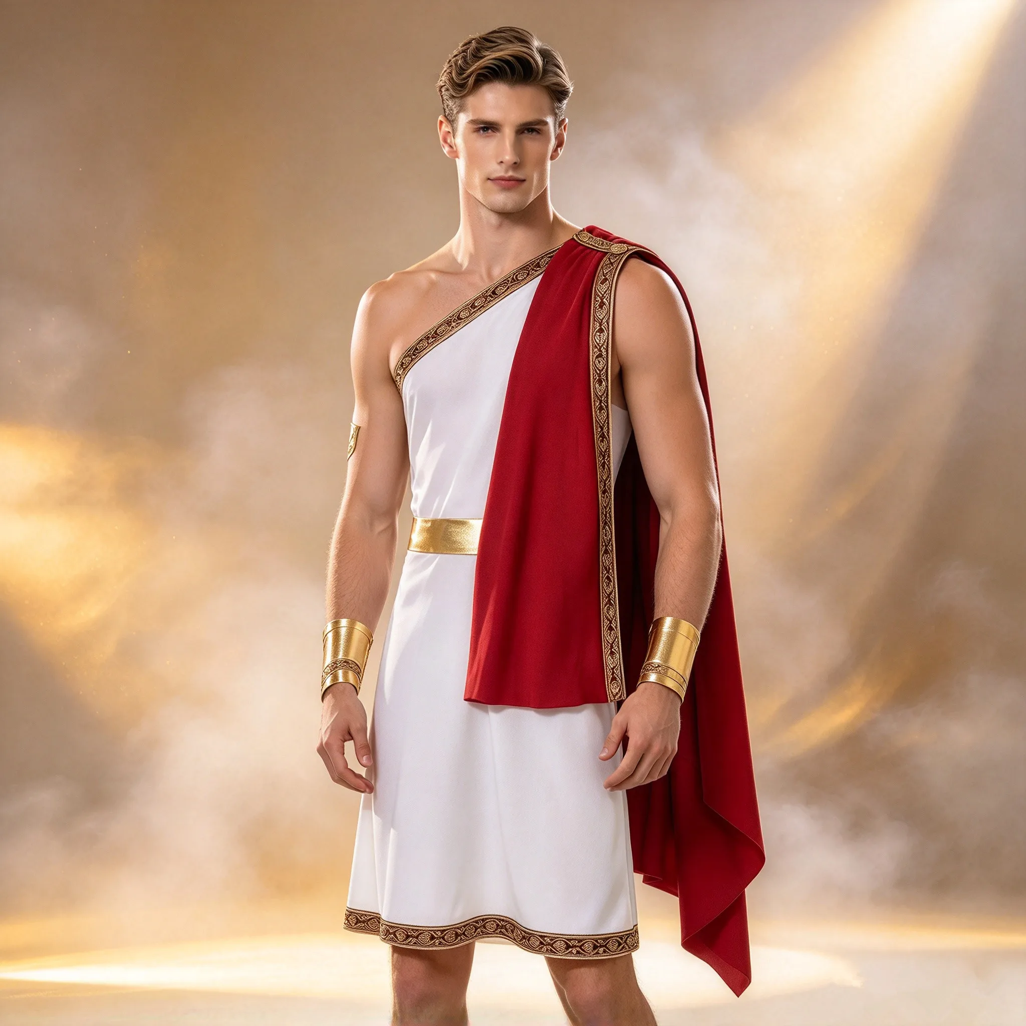 Mens Ancient Greek Roman Toga Egypt Halloween Themed Party Cosplay Costume Embroidered Trim Sleeveless Robe Detachable Cuffs
