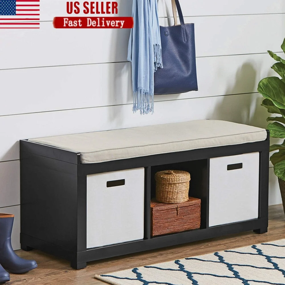 

3-Cube Shoe Storage Bench Organizer Cushion Seating 2 Adults Multi Functional Storage Compartment Hallway Living Room Furniture