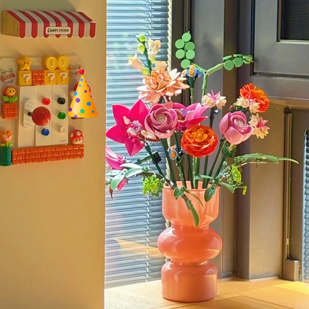 

2025 NEW Romantic Pretty Pink Flower Bouquet Building Blocks Creative Home Decoration Kids Educational Toys Holiday Gifts 749PCS