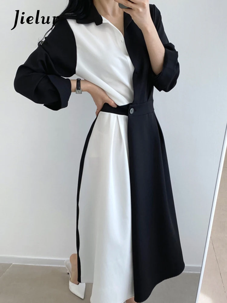 Jielur-Robe Chemise Femme Patchwork, Manches Courtes Bouffantes, Col Rabattu, Simple, Robe Française pour Femme, Bouton Unique, Printemps, Mode