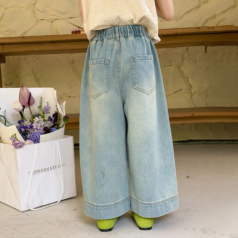 Girls Vintage Straight Patch Jeans Kids Summer Casual Loose Vintage Washed Wide Leg Pants