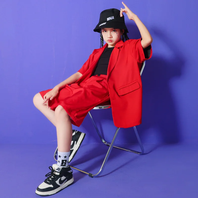 Kid Kpop Hip Hop Kleidung rotes Blazer Shirt Kurzarm Anzug Jacke Top Sommer Shorts für Mädchen Junge Jazz Tanz Kostüm Kleidung