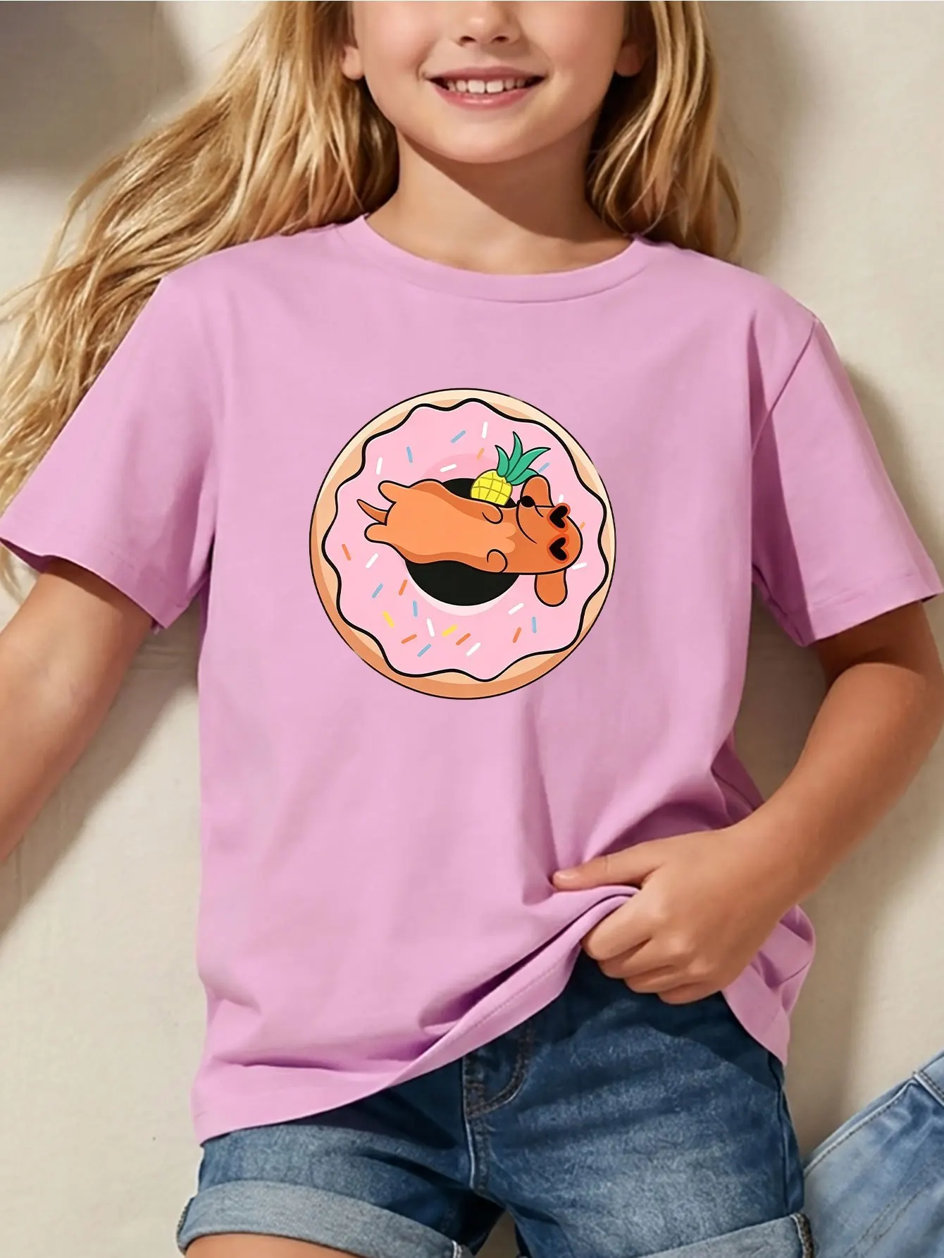 Cute Dachshund Donut Pineapple Print Family Matching T Shirt Boys Girls Tee Parent Child Casual Mom Dad Kids Summer Daily Wear