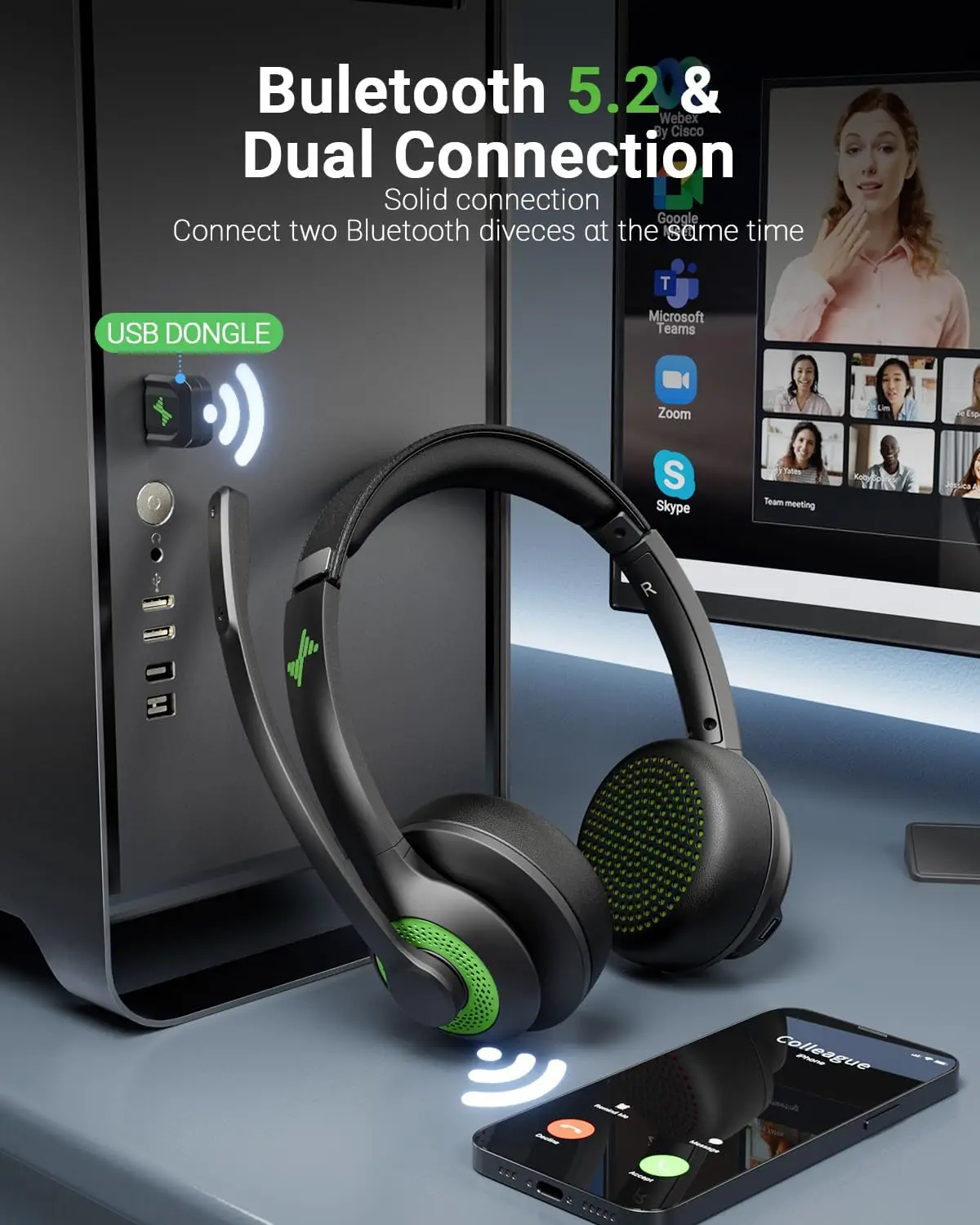JIAMQISHI EH02P Wireless Headset with Charging Base AI Noise Cancelling Microphone Headphones Bluetooth V5.2 with USB Dongle - view 3