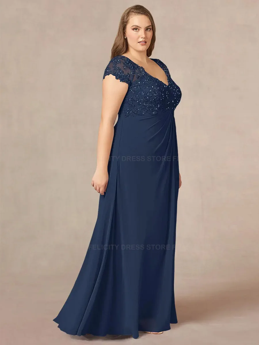 Dark Navy Plus Size Mother of the Bride Dresses 2023 A-Line V-neck Wedding Party Dress Lace Chiffon Sequin Robes Invitée Mariage