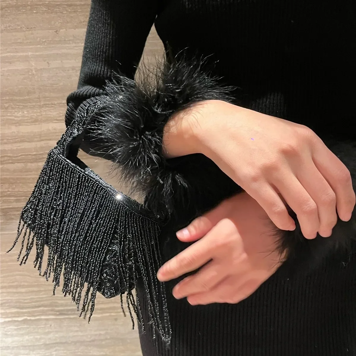

Fashion Small Purse Prom Evening Clutches Bag Women Luxury Wedding Party Black Bead Tassel Tote Bag Embroidered Crossbody